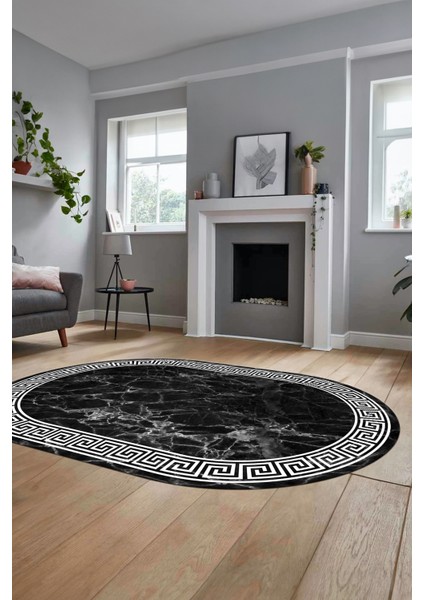 Mermer Çerçeve Desen Modern Yıkanabilir Yolluk Mutfak Oval Salon Halısı, O-Çerçeveli-17-Antrasit, fiyatları