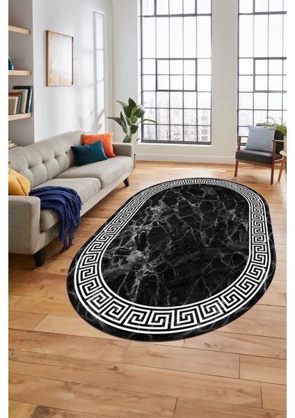 Mermer Çerçeve Desen Modern Yıkanabilir Yolluk Mutfak Oval Salon Halısı, O-Çerçeveli-17-Antrasit, modelleri