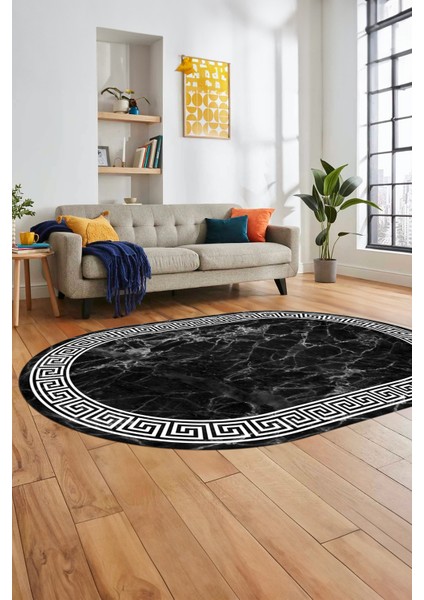 Mermer Çerçeve Desen Modern Yıkanabilir Yolluk Mutfak Oval Salon Halısı, O-Çerçeveli-17-Antrasit, fırsatları