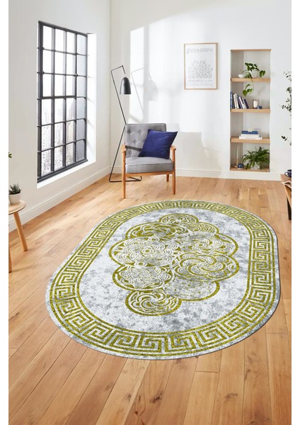 Dijital Kaymaz Yıkanabilir Modern Çerçeveli Oval Mutfak Salon Halısı, O-Çerçeveli-04-Sarı,