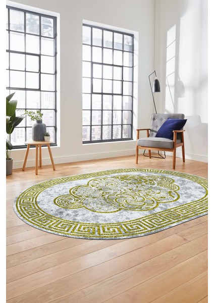 Dijital Kaymaz Yıkanabilir Modern Çerçeveli Oval Mutfak Salon Halısı, O-Çerçeveli-04-Sarı, fiyatları