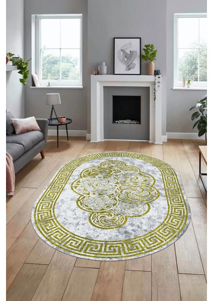 Dijital Kaymaz Yıkanabilir Modern Çerçeveli Oval Mutfak Salon Halısı, O-Çerçeveli-04-Sarı, modelleri