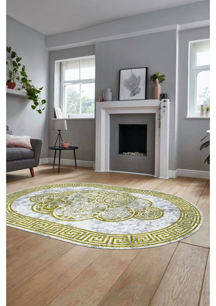 Dijital Kaymaz Yıkanabilir Modern Çerçeveli Oval Mutfak Salon Halısı, O-Çerçeveli-04-Sarı, fırsatları