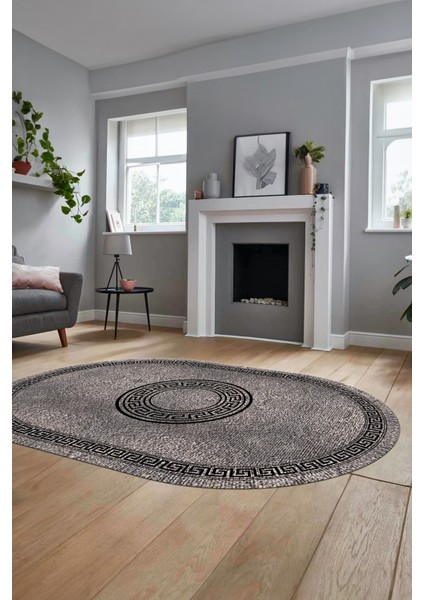 Sade Tasarım Çerçeve Desenli Modern Yıkanabilir Mutfak Oval Salon Halısı, O-Çerçeveli-12-Gri, modelleri