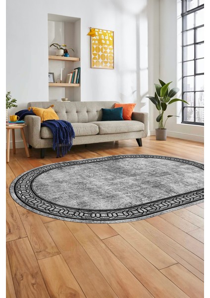 Çerçeveli Zincir Desen Yıkanabilir Kaymaz Yolluk Mutfak Oval Salon Halısı, O-Çerçeveli-31-Gri, fiyatları