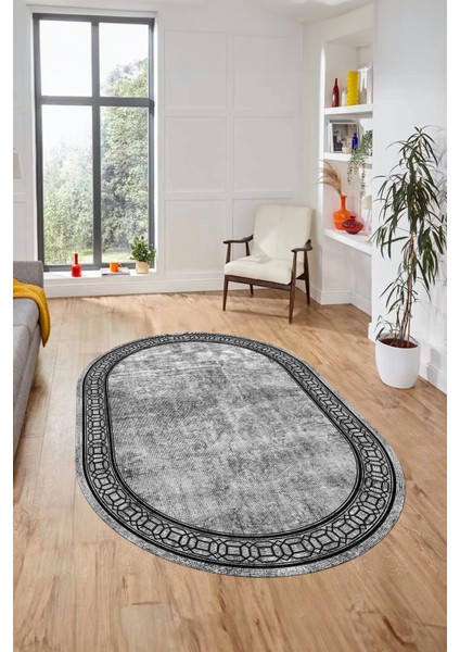Çerçeveli Zincir Desen Yıkanabilir Kaymaz Yolluk Mutfak Oval Salon Halısı, O-Çerçeveli-31-Gri, modelleri
