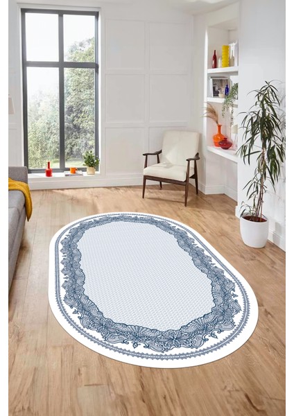Çerçeveli Motifli Yıkanabilir Kaymaz Yolluk Mutfak Oval Salon Halısı, O-Çerçeveli-34-Mavi, fiyatları