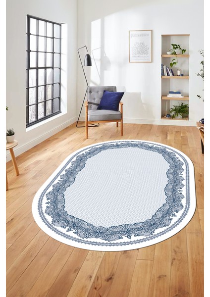 Çerçeveli Motifli Yıkanabilir Kaymaz Yolluk Mutfak Oval Salon Halısı, O-Çerçeveli-34-Mavi, fırsatları