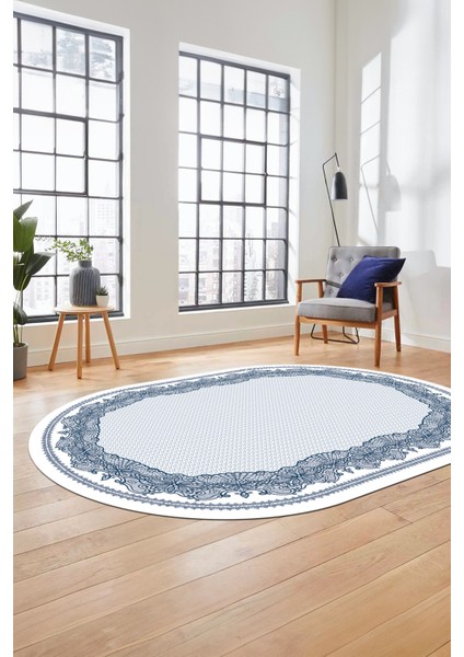 Çerçeveli Motifli Yıkanabilir Kaymaz Yolluk Mutfak Oval Salon Halısı, O-Çerçeveli-34-Mavi, indirimleri
