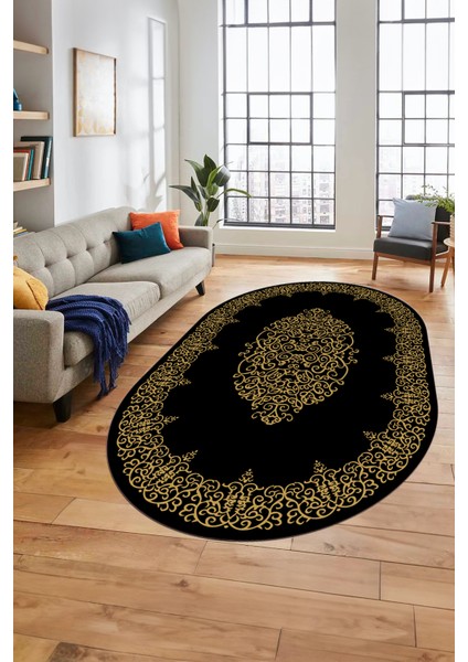 Klasik Çerçeve Desenli Yıkanabilir Kaymaz Yolluk Mutfak Oval Salon Halısı, O-Çerçeveli-22-Siyah, fiyatları