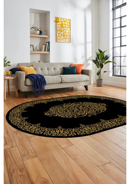 Klasik Çerçeve Desenli Yıkanabilir Kaymaz Yolluk Mutfak Oval Salon Halısı, O-Çerçeveli-22-Siyah, modelleri