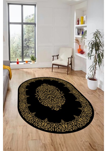 Klasik Çerçeve Desenli Yıkanabilir Kaymaz Yolluk Mutfak Oval Salon Halısı, O-Çerçeveli-22-Siyah, fırsatları