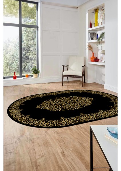 Klasik Çerçeve Desenli Yıkanabilir Kaymaz Yolluk Mutfak Oval Salon Halısı, O-Çerçeveli-22-Siyah, indirimleri