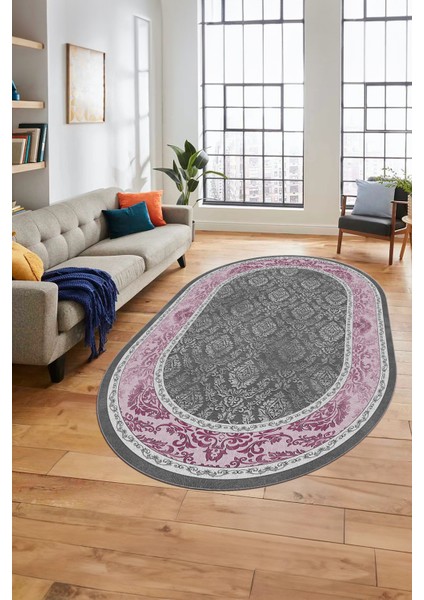 Şık Çerçeve Desenli Modern Yıkanabilir Yolluk Mutfak Oval Salon Halısı, O-Çerçeveli-21-Pembe, fiyatları