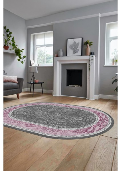 Şık Çerçeve Desenli Modern Yıkanabilir Yolluk Mutfak Oval Salon Halısı, O-Çerçeveli-21-Pembe,