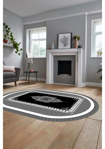 Klasik Çerçeve Desen Yıkanabilir Kaymaz Yolluk Mutfak Oval Salon Halısı, O-Çerçeveli-23-Gri,