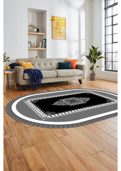 Klasik Çerçeve Desen Yıkanabilir Kaymaz Yolluk Mutfak Oval Salon Halısı, O-Çerçeveli-23-Gri, modelleri