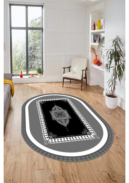 Klasik Çerçeve Desen Yıkanabilir Kaymaz Yolluk Mutfak Oval Salon Halısı, O-Çerçeveli-23-Gri, fırsatları