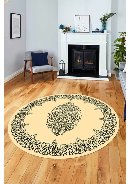 Klasik Çerçeve Desenli Yıkanabilir Kaymaz Yolluk Mutfak Yuvarlak Salon Halısı, Y-Çerçeveli-22-Krem, modelleri