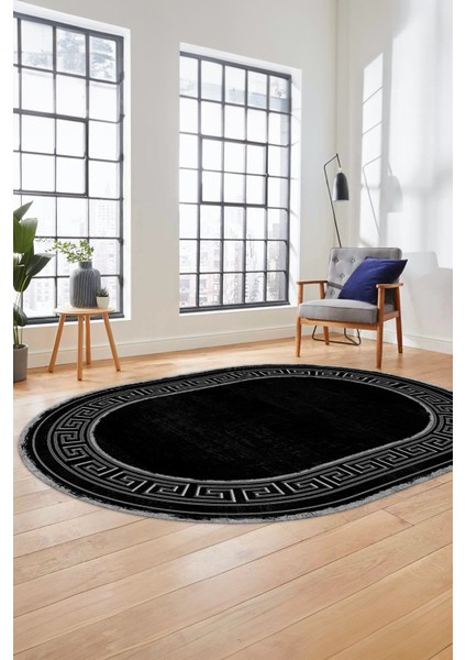 Yeni Tasarım Çerçeve Desenli Modern Yıkanabilir Mutfak Oval Salon Halısı, O-Çerçeveli-09-Siyah,