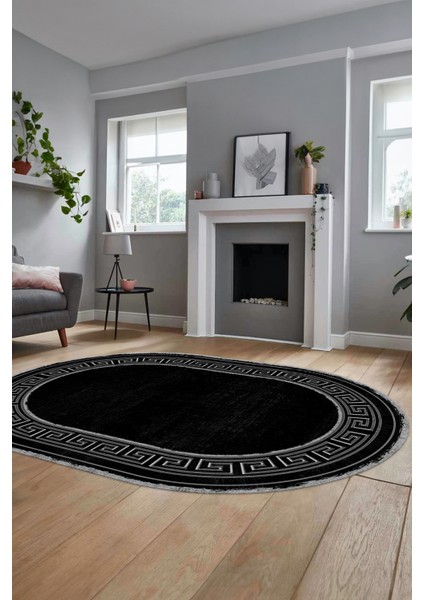 Yeni Tasarım Çerçeve Desenli Modern Yıkanabilir Mutfak Oval Salon Halısı, O-Çerçeveli-09-Siyah, modelleri