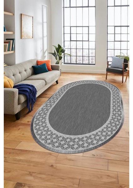 Dijital Kaymaz Yıkanabilir Şık Çerçeveli Yolluk Mutfak Oval Salon Halısı, O-Çerçeveli-29-Gri,