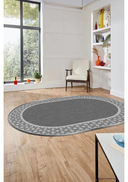 Dijital Kaymaz Yıkanabilir Şık Çerçeveli Yolluk Mutfak Oval Salon Halısı, O-Çerçeveli-29-Gri, fırsatları