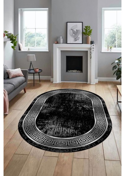 Şık Motifli Çerçeve Desen Modern Yıkanabilir Yolluk Mutfak Oval Salon Halısı, O-Çerçeveli-13-Siyah, fiyatları