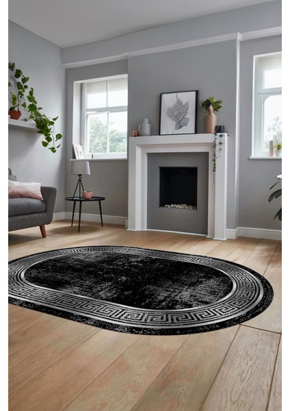 Şık Motifli Çerçeve Desen Modern Yıkanabilir Yolluk Mutfak Oval Salon Halısı, O-Çerçeveli-13-Siyah, modelleri