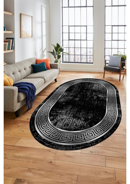 Şık Motifli Çerçeve Desen Modern Yıkanabilir Yolluk Mutfak Oval Salon Halısı, O-Çerçeveli-13-Siyah, fırsatları