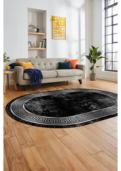 Şık Motifli Çerçeve Desen Modern Yıkanabilir Yolluk Mutfak Oval Salon Halısı, O-Çerçeveli-13-Siyah, indirimleri