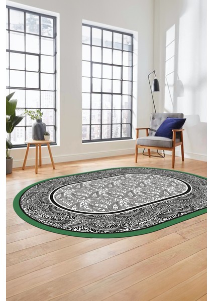 Çiçekli Tasarım Yıkanabilir Kaymaz Taban Çerçeveli Oval Mutfak Salon Halısı, O-Çerçeveli-37-Beyaz, indirimleri