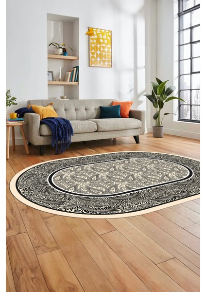 Çiçekli Tasarım Yıkanabilir Kaymaz Taban Çerçeveli Oval Mutfak Salon Halısı, O-Çerçeveli-37-Krem,