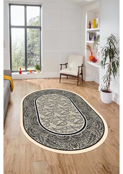 Çiçekli Tasarım Yıkanabilir Kaymaz Taban Çerçeveli Oval Mutfak Salon Halısı, O-Çerçeveli-37-Krem, fiyatları