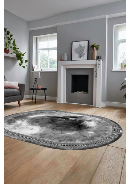 Modern Çerçeve Desen Yıkanabilir Kaymaz Yolluk Mutfak Oval Salon Halısı, O-Çerçeveli-25-Gri,