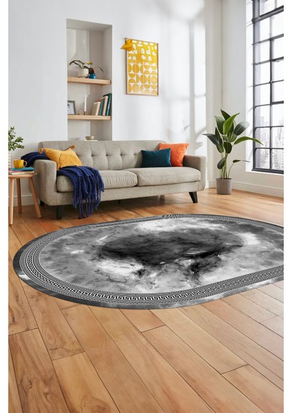 Modern Çerçeve Desen Yıkanabilir Kaymaz Yolluk Mutfak Oval Salon Halısı, O-Çerçeveli-25-Gri, modelleri