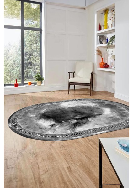 Modern Çerçeve Desen Yıkanabilir Kaymaz Yolluk Mutfak Oval Salon Halısı, O-Çerçeveli-25-Gri, indirimleri