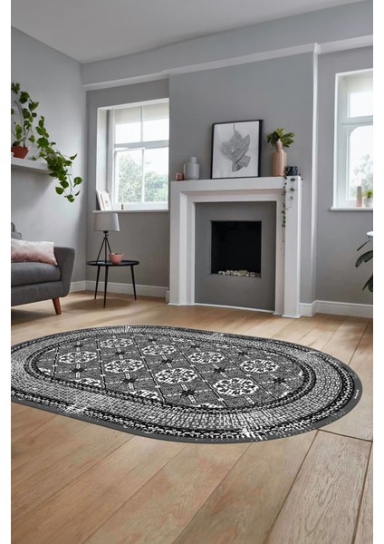 Etnik Çerçeve Desen Yıkanabilir Kaymaz Yolluk Mutfak Oval Salon Halısı, O-Çerçeveli-26-Gri,