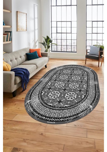 Etnik Çerçeve Desen Yıkanabilir Kaymaz Yolluk Mutfak Oval Salon Halısı, O-Çerçeveli-26-Gri,