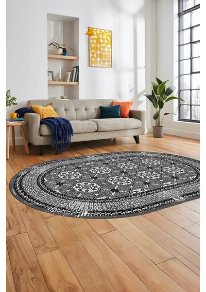 Etnik Çerçeve Desen Yıkanabilir Kaymaz Yolluk Mutfak Oval Salon Halısı, O-Çerçeveli-26-Gri,