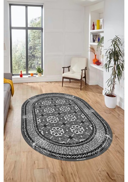 Etnik Çerçeve Desen Yıkanabilir Kaymaz Yolluk Mutfak Oval Salon Halısı, O-Çerçeveli-26-Gri,