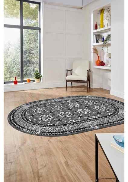 Etnik Çerçeve Desen Yıkanabilir Kaymaz Yolluk Mutfak Oval Salon Halısı, O-Çerçeveli-26-Gri,