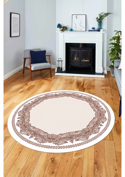 Çerçeveli Motifli Yıkanabilir Kaymaz Yolluk Mutfak Yuvarlak Salon Halısı, Y-Çerçeveli-34-Kahve,