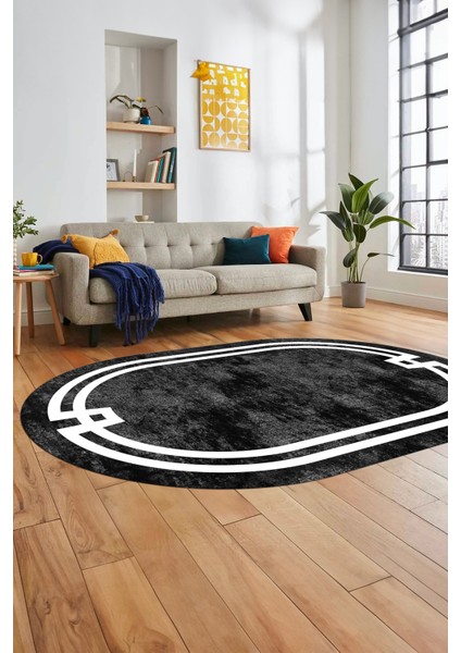 Çerçeveli Sade Desen Yıkanabilir Kaymaz Yolluk Mutfak Oval Salon Halısı, O-Çerçeveli-33-Antrasit,