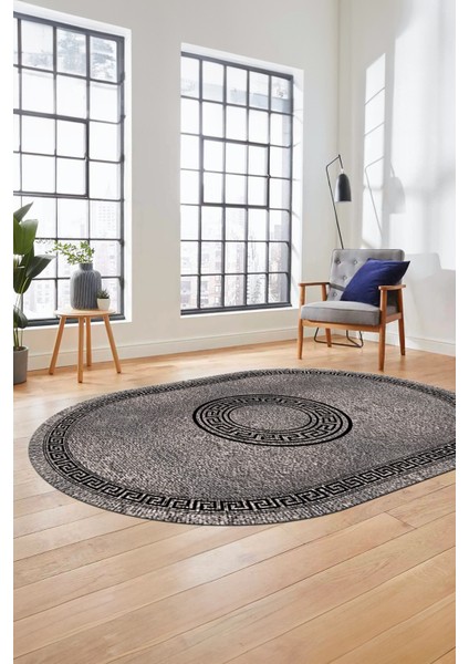 Sade Tasarım Çerçeve Desenli Modern Yıkanabilir Mutfak Oval Salon Halısı, O-Çerçeveli-12-Gri,