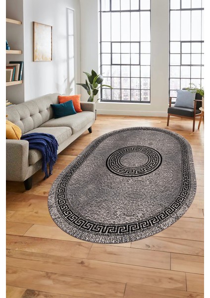 Sade Tasarım Çerçeve Desenli Modern Yıkanabilir Mutfak Oval Salon Halısı, O-Çerçeveli-12-Gri, fırsatları