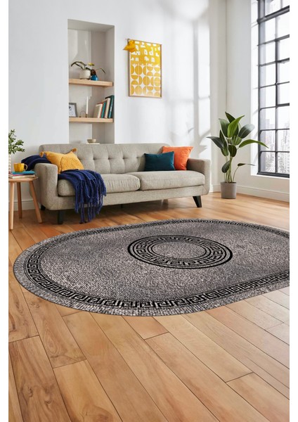 Sade Tasarım Çerçeve Desenli Modern Yıkanabilir Mutfak Oval Salon Halısı, O-Çerçeveli-12-Gri, indirimleri