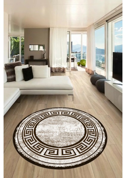 Tasarım Çerçeve Desenli Modern Yıkanabilir Mutfak Yuvarlak Salon Halısı, Y-Çerçeveli-09-Kahve,