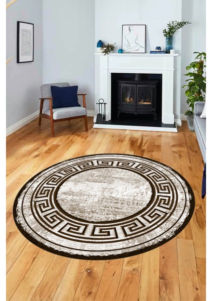 Tasarım Çerçeve Desenli Modern Yıkanabilir Mutfak Yuvarlak Salon Halısı, Y-Çerçeveli-09-Kahve, indirimleri