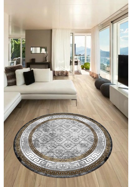 Şık Tasarım Çerçeve Desenli Modern Yıkanabilir Mutfak Yuvarlak Salon Halısı, Y-Çerçeveli-10-Kahve,